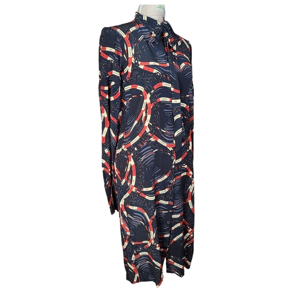 rokh Size 2-4 Silk Scarf Midi Shirtdress Blue Classic Chain Link Abstract Print - Picture 6 of 16